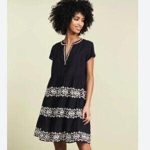 Roller Rabbit Pamela Dress Black White Embroidered Tiered Size L